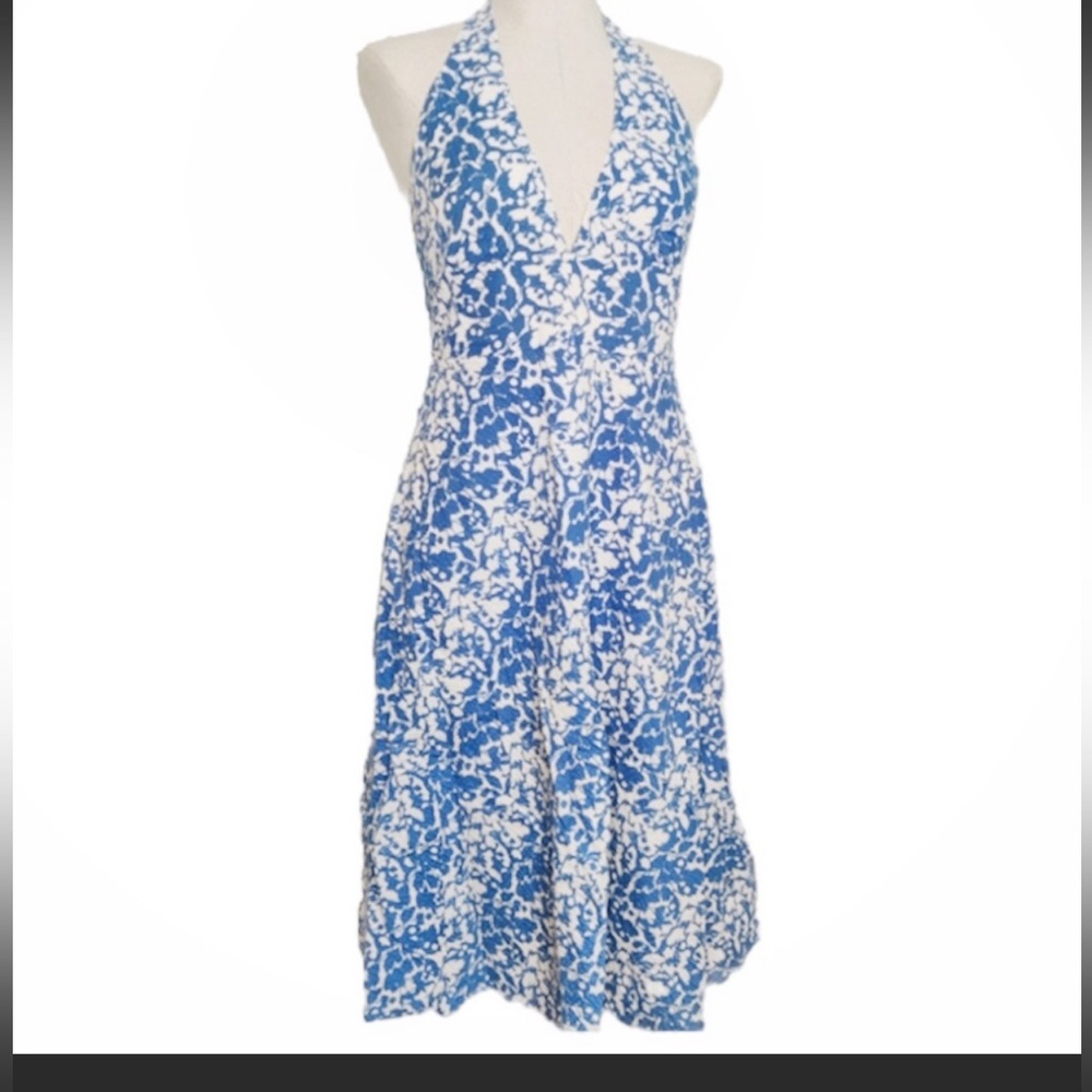 J. Crew Factory Blue and White Backless Halter Floral Dress